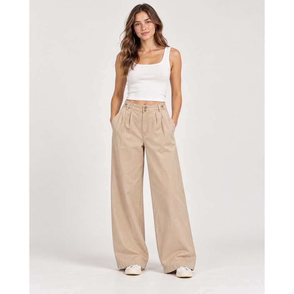 Madwell Cotton-Linen Pleated Wide-Leg Pants Size 4 Tan Khaki High Rise EUC